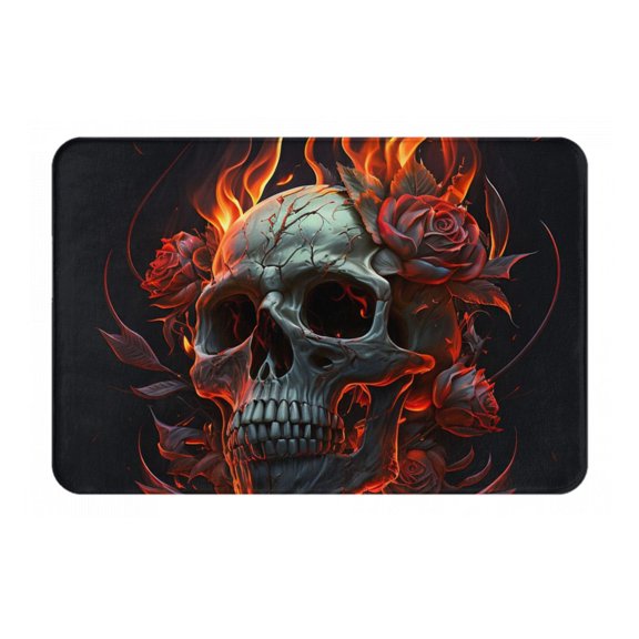 16" x 24" Non-Slip Flannel Doormat Indoor Entry Rug, Kitchen Floor Mat for Front Door, Laundry, Bedroom, Ghost Fire Skull Burning Roses