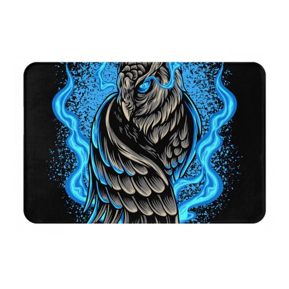 16" x 24" Non-Slip Flannel Doormat Indoor Entry Rug, Kitchen Floor Mat for Front Door, Laundry, Bedroom, Owl Blue Flaming Fire