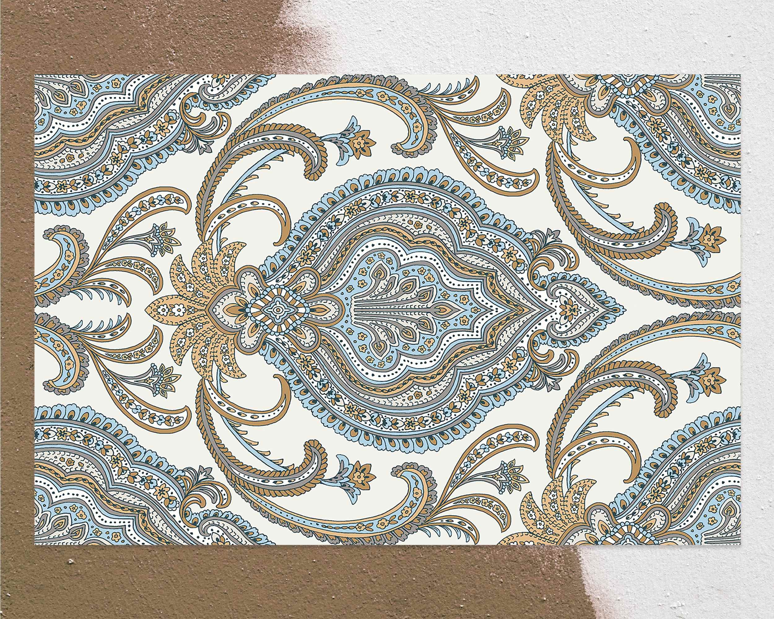 16" x 24" Paisley Styl Delicate Mandalas Pattern Rug, Paisley Mat, Blue and Gold Floor Mat