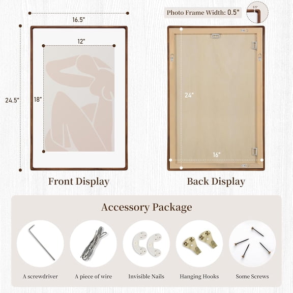 16 x 24 Picture Frame, Display Pictures 12 x 18 with Mat or 16 x 24 Without, Rustic Farmhouse Wood Photo Frame with Real Glass,Wall Gallery Photo Frames