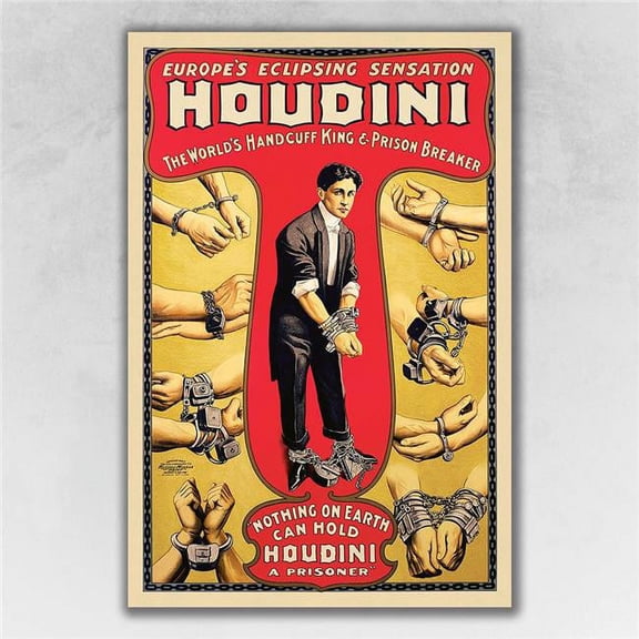 16 x 24 in. Houdini Handcuff King Vintage Magic Poster Multi Color Wall Art