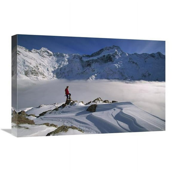 16 x 24 in. Mt Sefton, Climber Above Cloud-Filled Mueller Glacier, Mt Cook NP, New Zealand Art Print - Colin Monteath