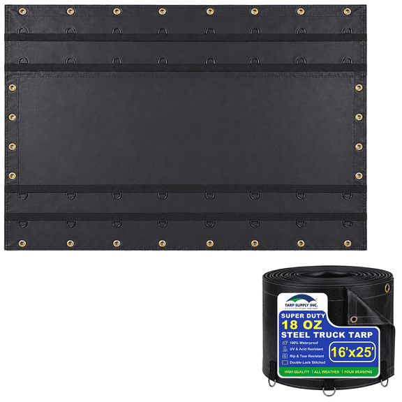 16' x 25' Steel Truck Tarp, 18 oz PVC-Coated Polyester Flatbed Trailer Tarp, Waterproof, Tear & Acid Resistant Cover to Protect Cargo, Brass Grommets, 2 Rows Webbing D-Rings, Black