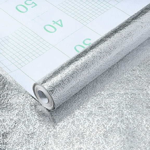 16'' x 40'' Silver Contact Paper for Countertop Backsplash, Aluminum Foil Kitchen Counter Contact Paper, Hear Resistant Self Adhesive Peel and Stick Waterproof for Kitchen Cabinets Shelf Desk, A