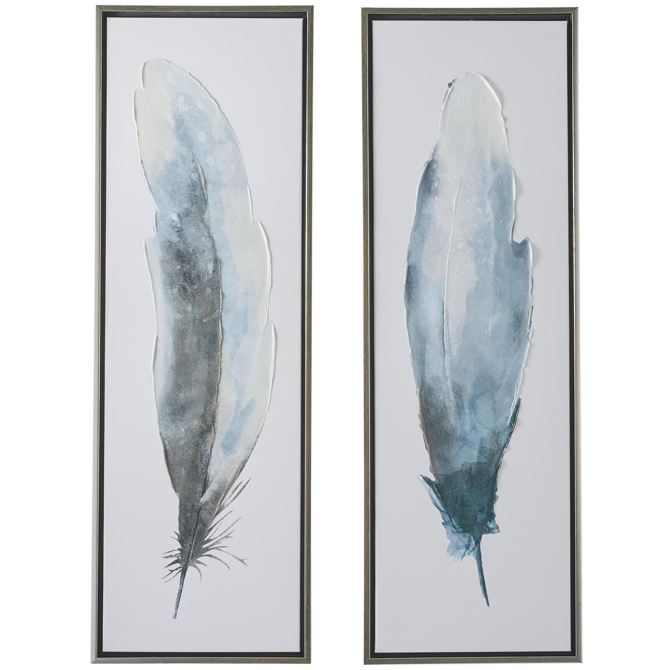 16" x 47" Feathers Bird Framed Wall Art with Silver Frame, by DecMode (2 Count)