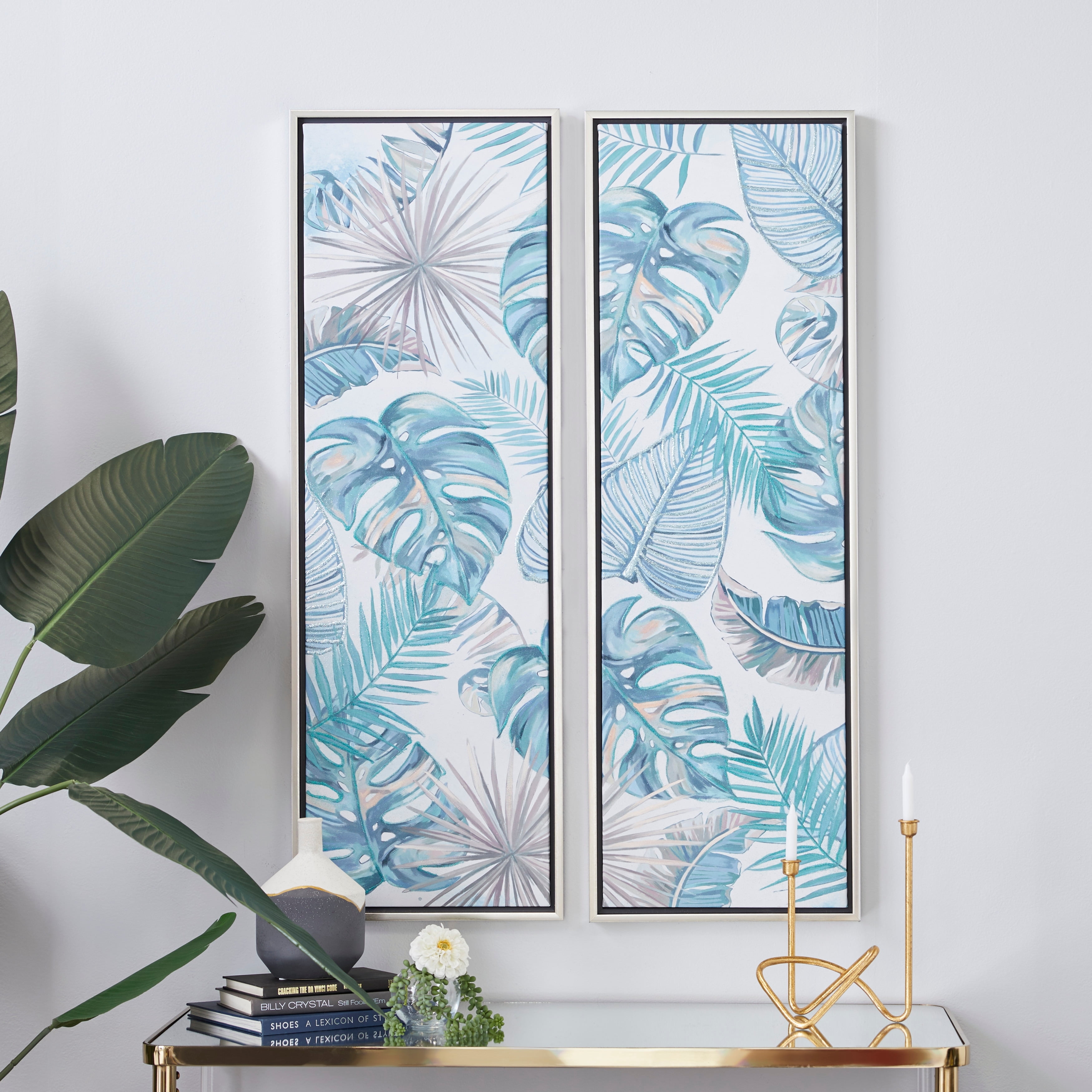 Free Shipping! DecMode 16x47 Tropical Leaf Framed Wall Art with Silver ...