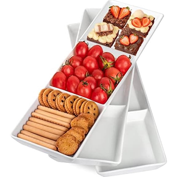 16" x 5" Ceramic 3-Section Stackable Serving Tray, Serving Platter Set of 3, 3 Compartment Appetizer Serving Tray, White Divided Serving Dishes, Snack, Food, Dessert Platters