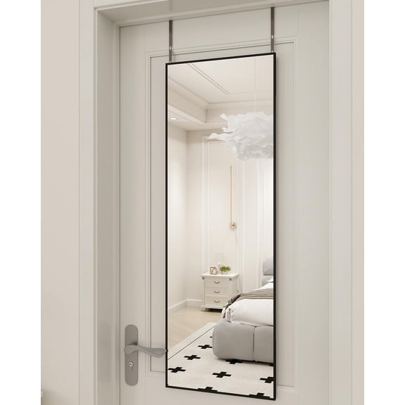 16" x 50" Adjustable Height Over The Door Full Length Mirror with Shatterproof Tempered Glass and Aluminum Alloy Frame, Black
