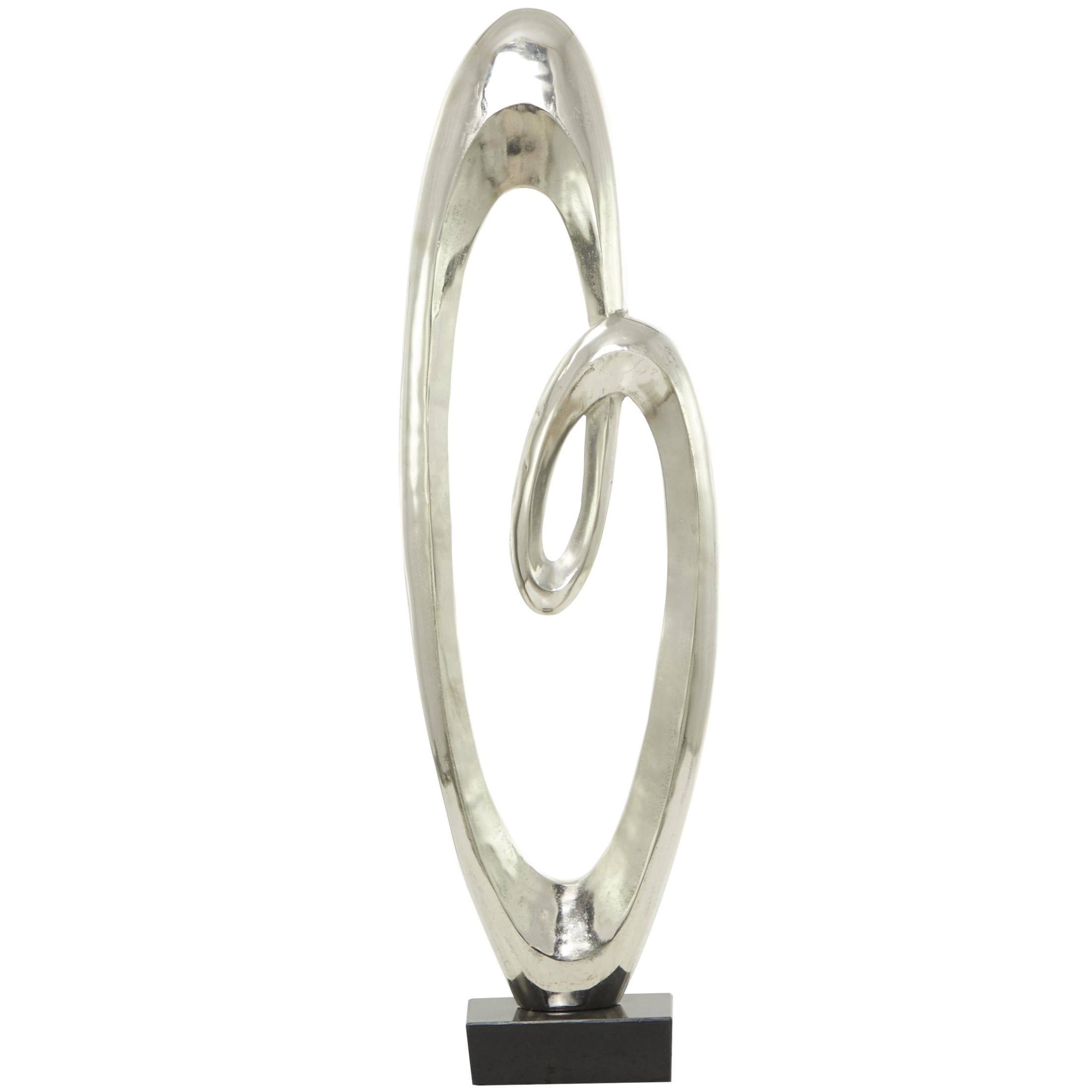 16" x 52" Silver Aluminum Metal Tall Floor Loop Abstract Sculpture with Black Marble Base, by DecMode