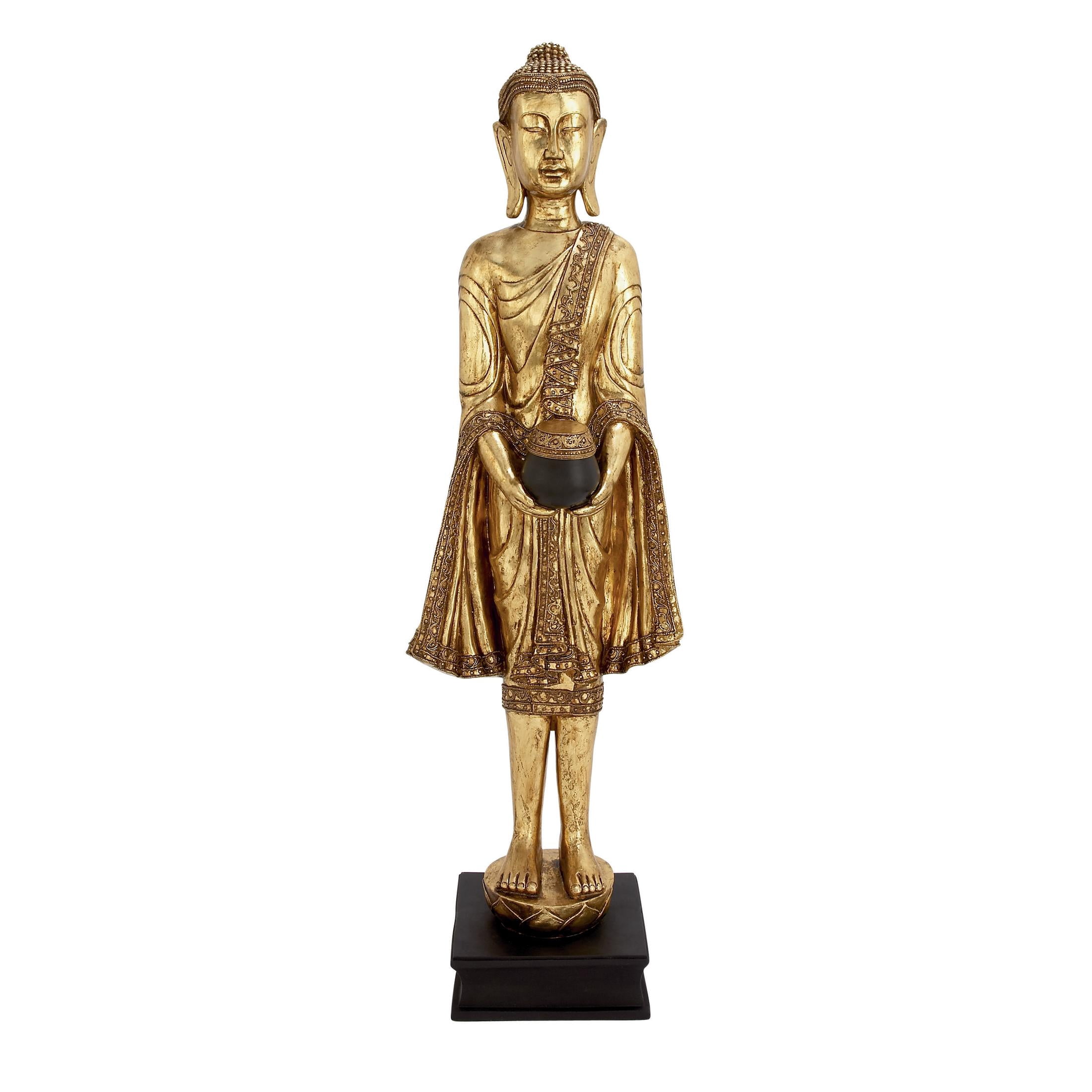 16" x 54" Gold Polystone Standing Floor Buddha Sculpture with Engraved Carvings and Relief Detailing, by DecMode