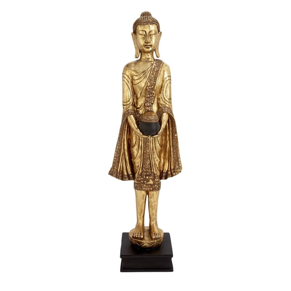 16" x 54" Gold Polystone Standing Floor Buddha Sculpture with Engraved Carvings and Relief Detailing, by DecMode