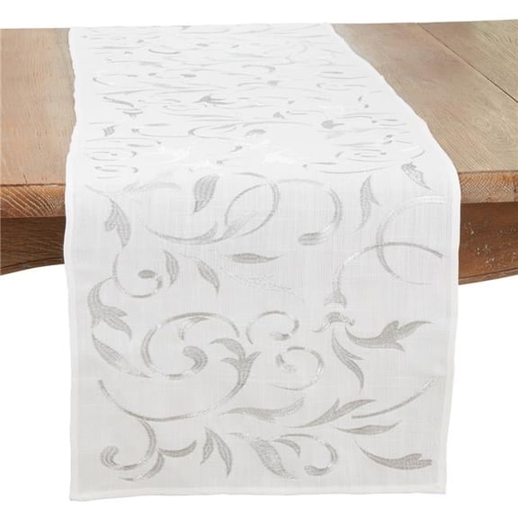 16 x 54 in. Botanical Embroidered Leaves Oblong Table Runner, Silver