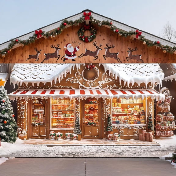 16 x 7 ft Gingerbread Christmas Garage Door Cover Banner Decorations, Christmas Santa's Shop Storefront Garage Cover Polyester Xmas Backdrop Photography for Indoor Outdoor Wall Door House