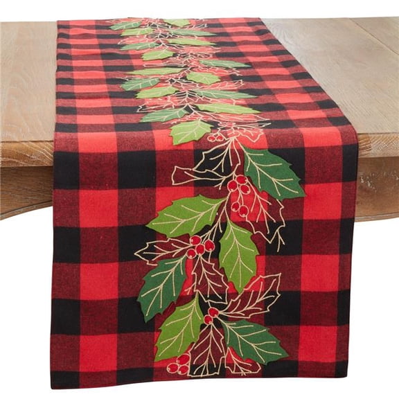 16 x 70 in. Festive Buffalo Plaid Holly Leaves Oblong Table Runner, Red