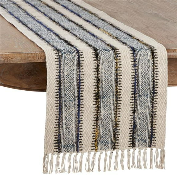 16 x 72 in. Embroidered Block Print Table Runner, Ivory
