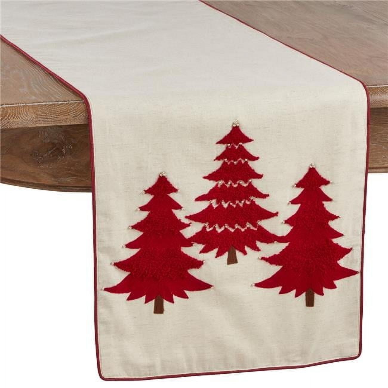 Festive Red and Ivory Cotton Christmas Tree Table Runner, 16" x 72"