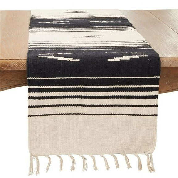 16 x 72 in. Handwoven Southwestern Oblong Table Runner with Fringe Detailing, Black & Natural