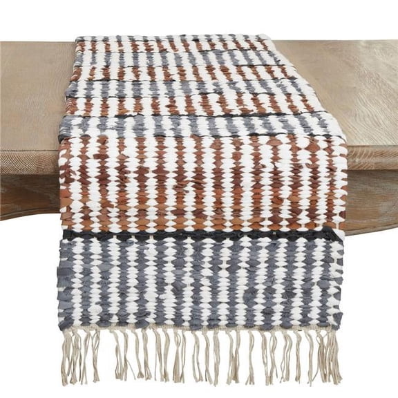 16 x 72 in. Leather Chindi Stripe Fringed Table Runner, Multi Color