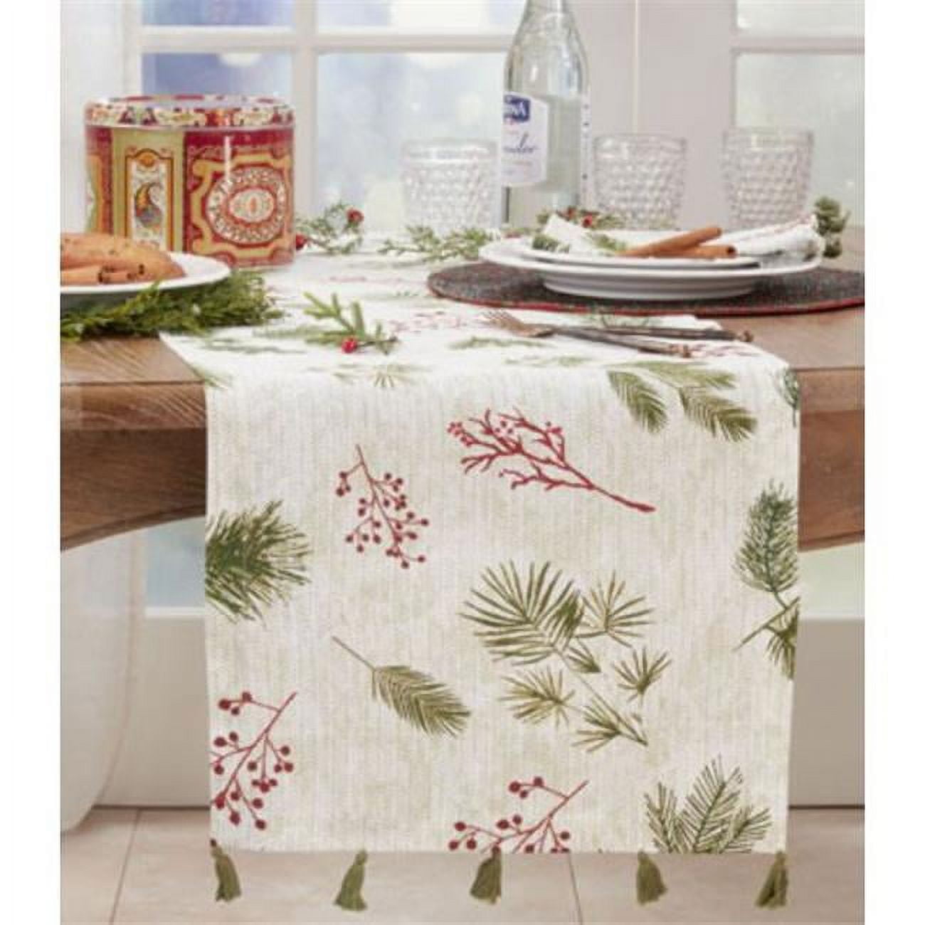Winter Pine Needle and Red Berry Cotton Table Runner