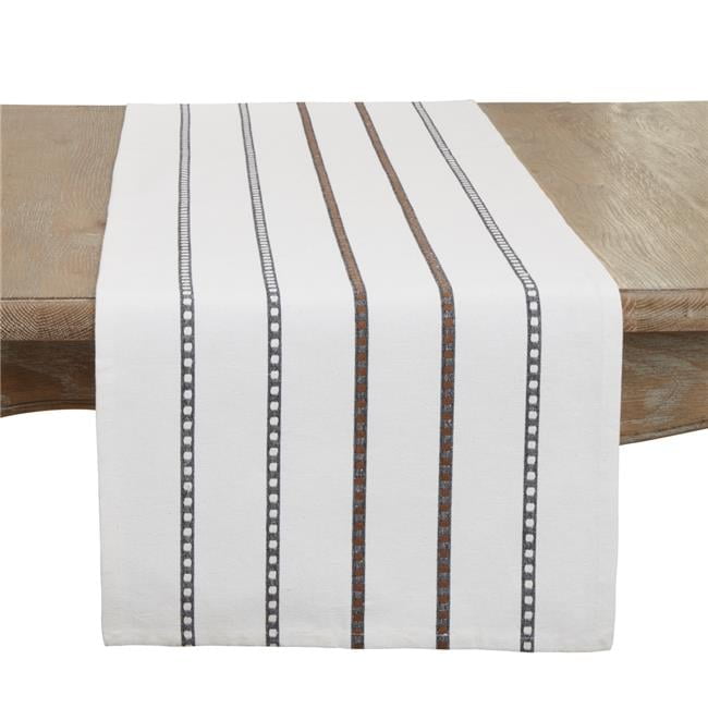 Rustic White Cotton Striped Table Runner with Black Trim, 16"x72"