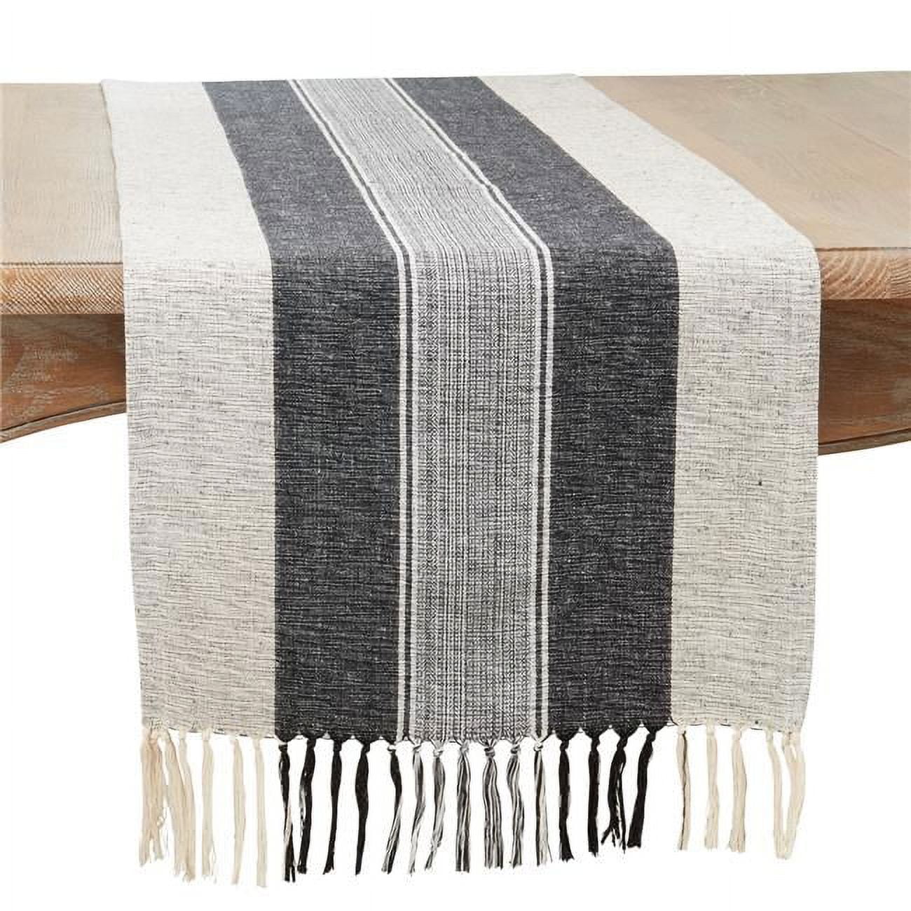Black and White Cotton Striped Table Runner with Fringe