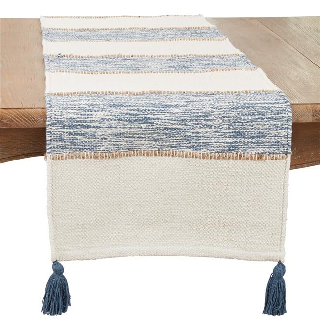 Navy Blue and White Striped Cotton Table Runner with Tassels