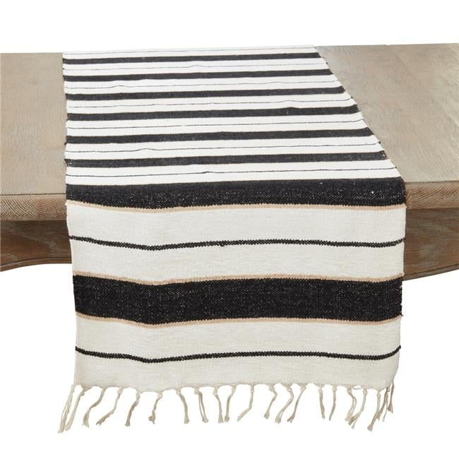 Black and White Cotton Striped Table Runner with Fringe, 16"x72"