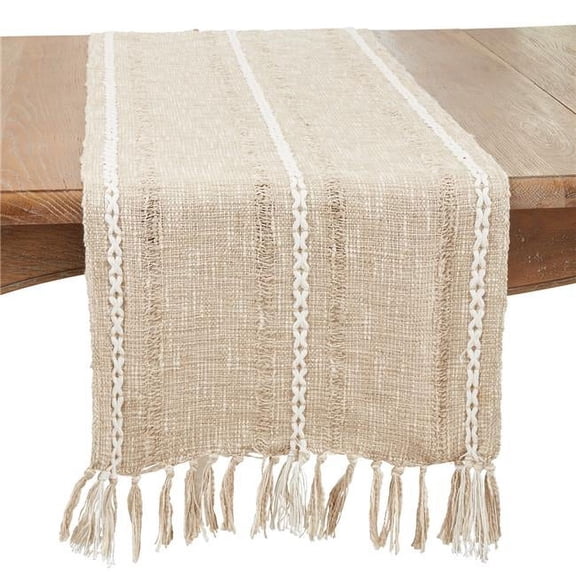 16 x 72 in. Woven Delight Striped Oblong Table Runner with Decorative Fringe, Taupe