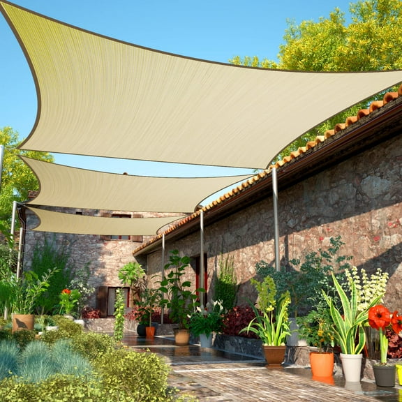 16' x Beige Sun Shade Sail UPF50 Square Canopy Fabric Cloth Screen, Water and Air Permeable & UV Resistant, Heavy Duty, Carport Patio Outdoor - (We Customize Size)