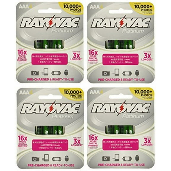 16 x Rayovac Platinum pre-charged (new hybrid replacement) 800 mAh Rechargable AAA NiMH Batteries w/ free battery holders (16 batteries)