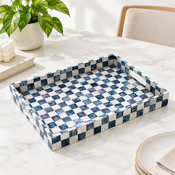 16"x12" Capiz Shell Decorative Serving Tray Navy Blue