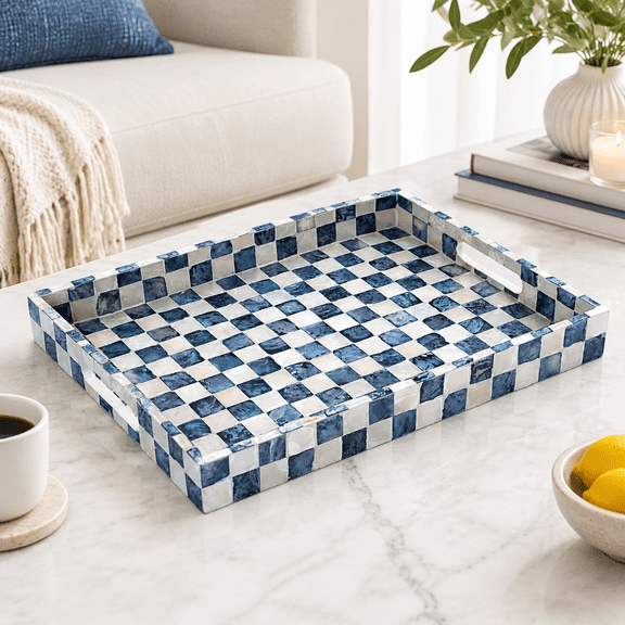 16"x12" Capiz Shell Decorative Serving Tray Navy Blue