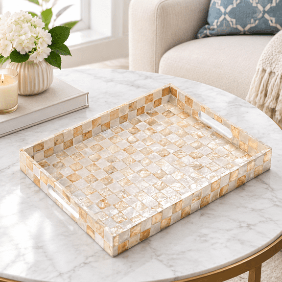 16"x12" Capiz Shell Decorative Serving Tray With Handles
