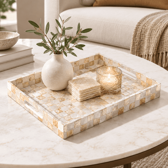 16"x12" Capiz Shell Decorative Serving Tray With Handles