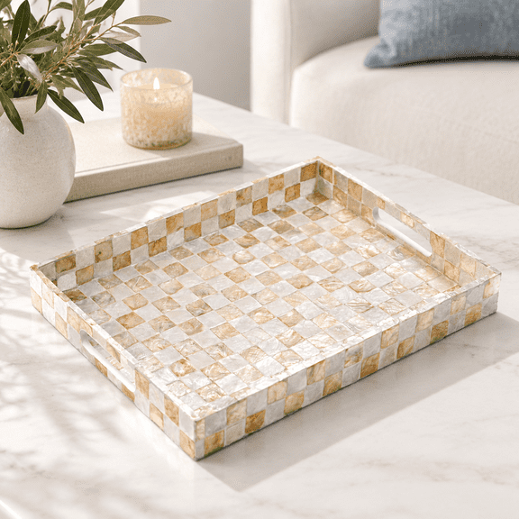 16"x12" Capiz Shell Decorative Serving Tray With Handles