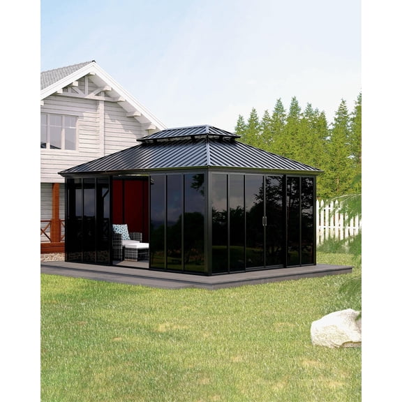 16'x12' Hardtop Gazebo, Outdoor Screened Sunroom with Double Vented Metal Roof, Permanent Aluminum Frame Patio Enclosure for Backyard, Black