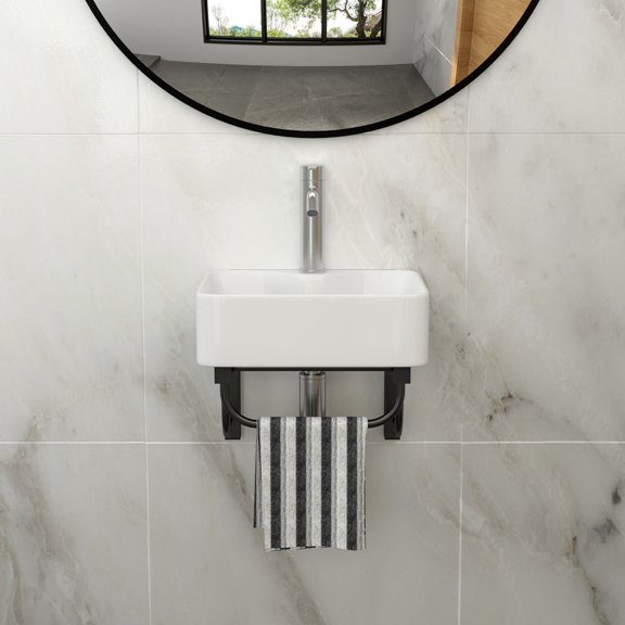 16"x12" Wall-Mounted Rectangular Ceramic Bathroom Sink with Black Towel Bar faucet hole
