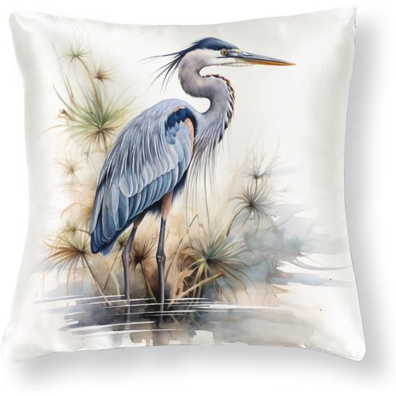 16"x16" Decorative Soft And Luxurious Cushion Cover Watercolor Great Blue Heron Satin Square Throw Pillow Covers Blue Heron Throw Pillows for Couch Home Decor Throw Pillows Cover Hidden Zipper