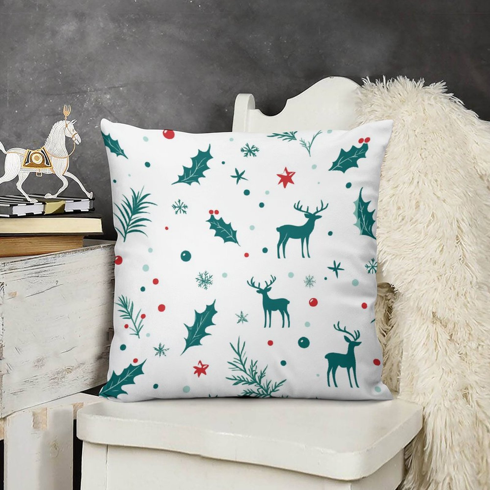 16 "x16 " Pillow Cushion Case Cute Christmas Deer & Christmas Holly