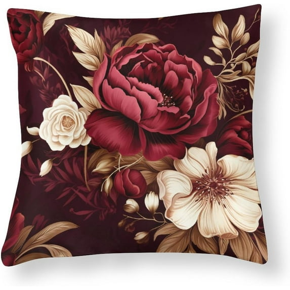 16"x16" Throw Pillow Cover Square Elegant Burgundy Floral Satin Cushion Covers Vintage Gold Burgundy Flowers Leaves Bed Pillows Decorative Home Decoration for Sofa Couch Living Bed Room Zippered