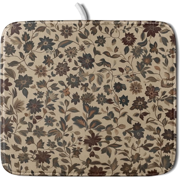 16"x18" Vintage Floral Decorative Dish Drying Mat- Rustic Boho Flowers Dish Drainer Mats- Abstract Antique Plant Reversible Microfiber Dish Drying Pad for Kitchen Countertop Sink Decor