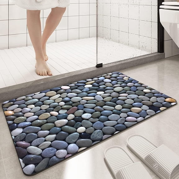 16"x24" Bathroom Rugs Non Slip Washable Bath Mat Small Door Floor Mat Printed with Pebble Cobble Stones