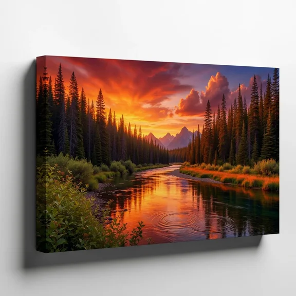 16"x24" Mountain Forest River Sunset Canvas Wall Art, Wilderness Pine Tree Valley Landscape Canvas Print for Living Room Cabin Decor