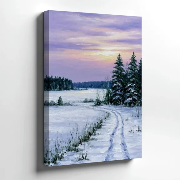 16"x24" Snowy Pine Forest Trail Canvas Wall Art, Winter Lake Sunset Landscape Oil Painting Canvas Print for Rustic Cabin Decor