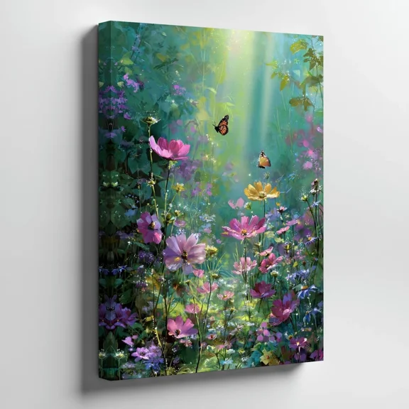 16"x24" Wildflower Meadow Butterfly Canvas Wall Art, Sunlight Forest Floral Landscape Canvas Print for Farmhouse Home Decor