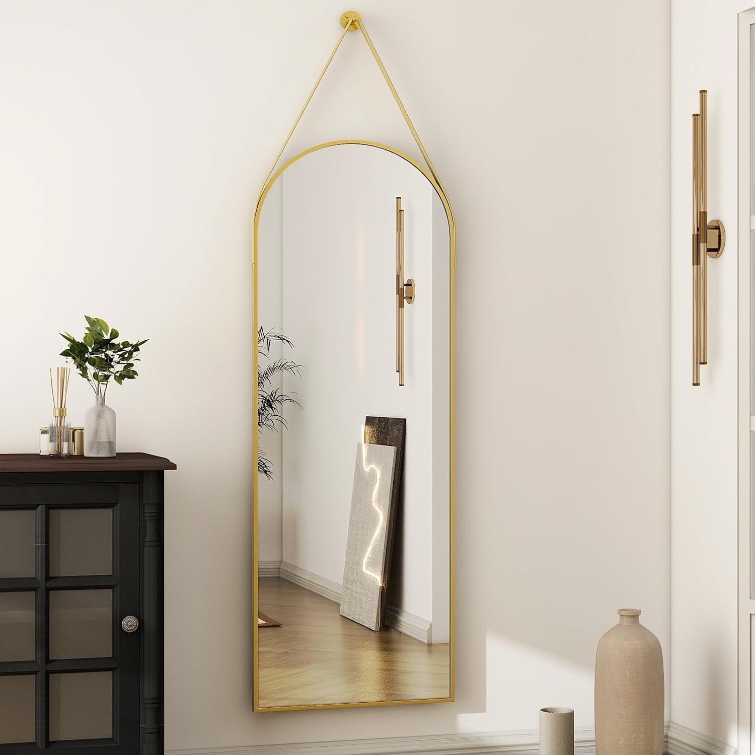 16"x48"Arched Mirror with Hanging Leather Strap Full Length Mirror Aluminum Frame Wall-Mounted ...