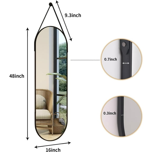 16''x48'' Full Length Mirror, Modern Oval Door Mirror with Hanging Leather Cord, Wall Mounted Mirror for Bathroom Vanity Living Room Bedroom Entrance