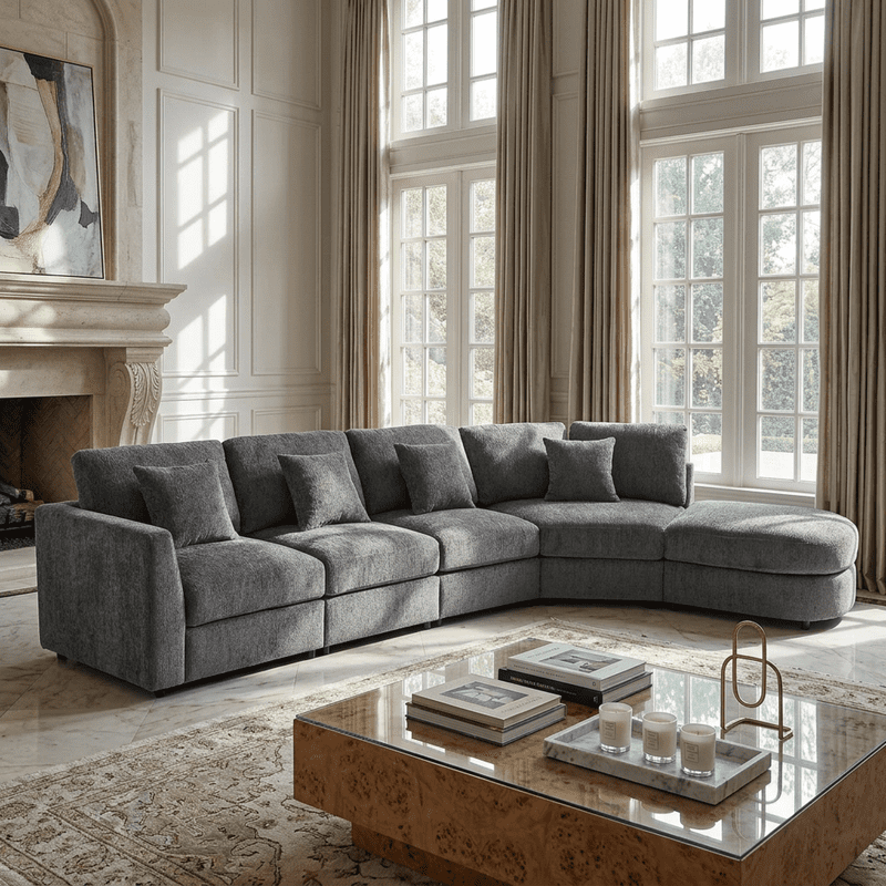 160.4" Oversized Curved Modular Sectional Sofa, Modern 5-Seater Chenille Cloud Couch with Deep Seats, Solid Wood Frame, 4 Throw Pillows for Living Room