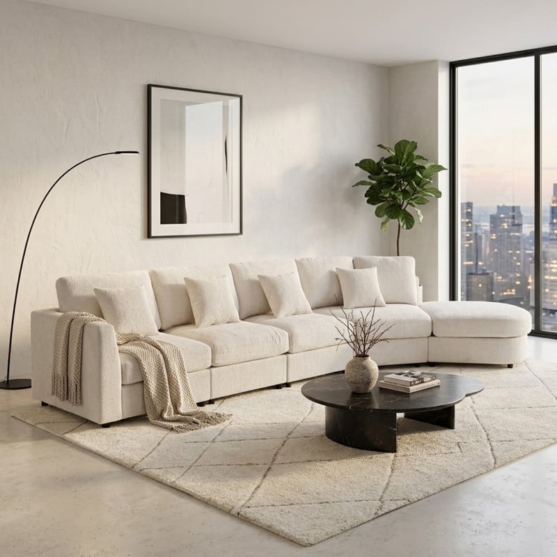 160.4" Oversized Curved Modular Sectional Sofa, Modern 5-Seater Chenille Cloud Couch with Deep Seats, Solid Wood Frame, 4 Throw Pillows for Living Room