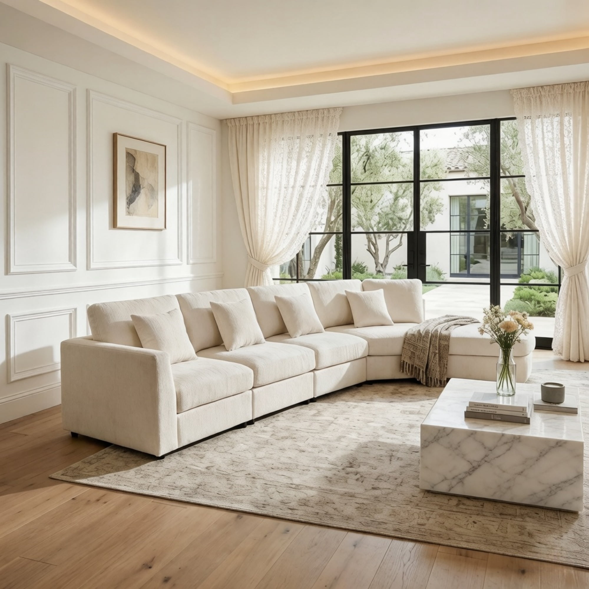 160.43" Oversized 5-Seater Curved Sectional Sofa with Ottoman, Chenille Upholstered Modular Couch Set with 4 Throw Pillows